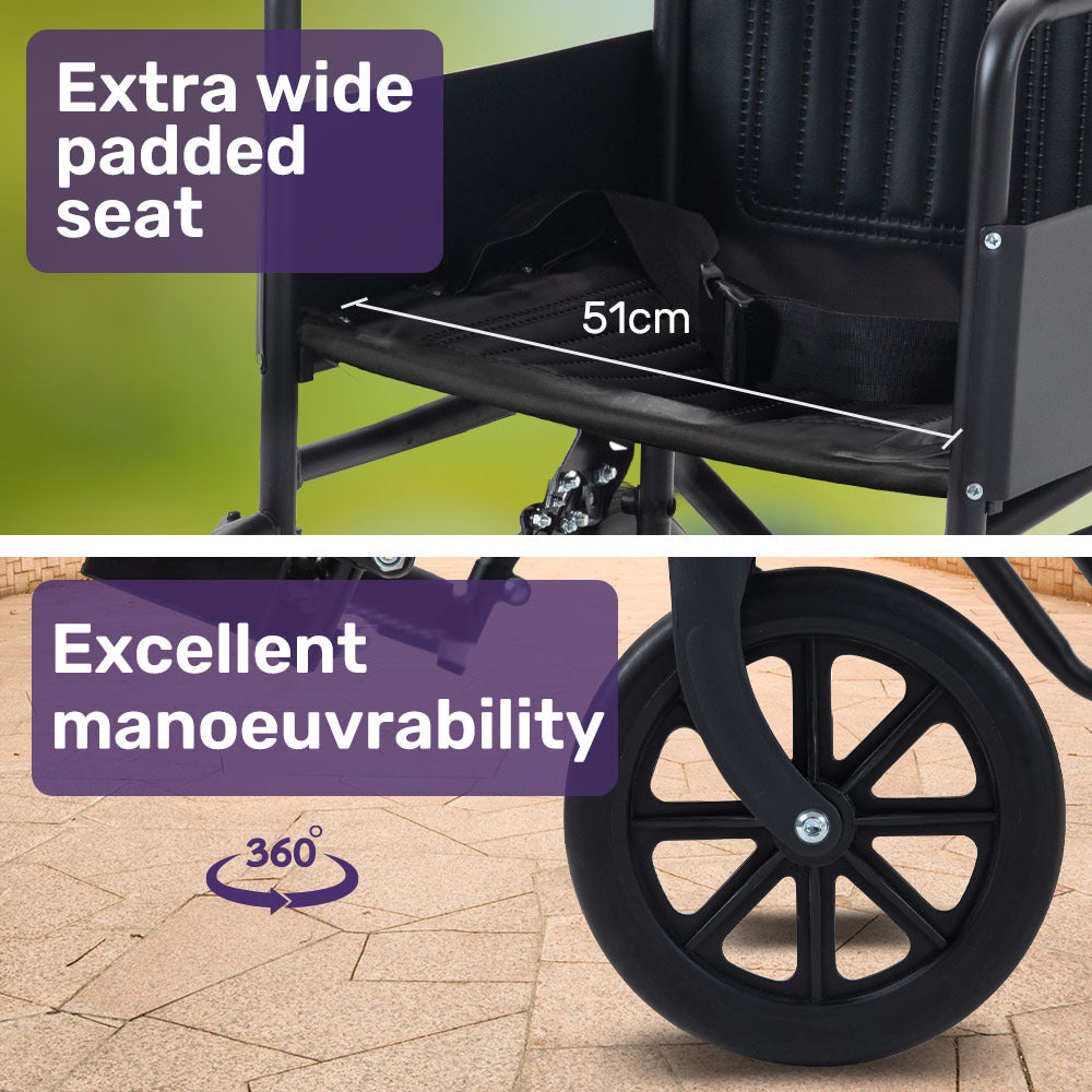 Hlpmedical EQUIPMED folding transit manual wheelchair with steel frame, wide seat, park brakes, suitable for S-XL, 114kg capacity