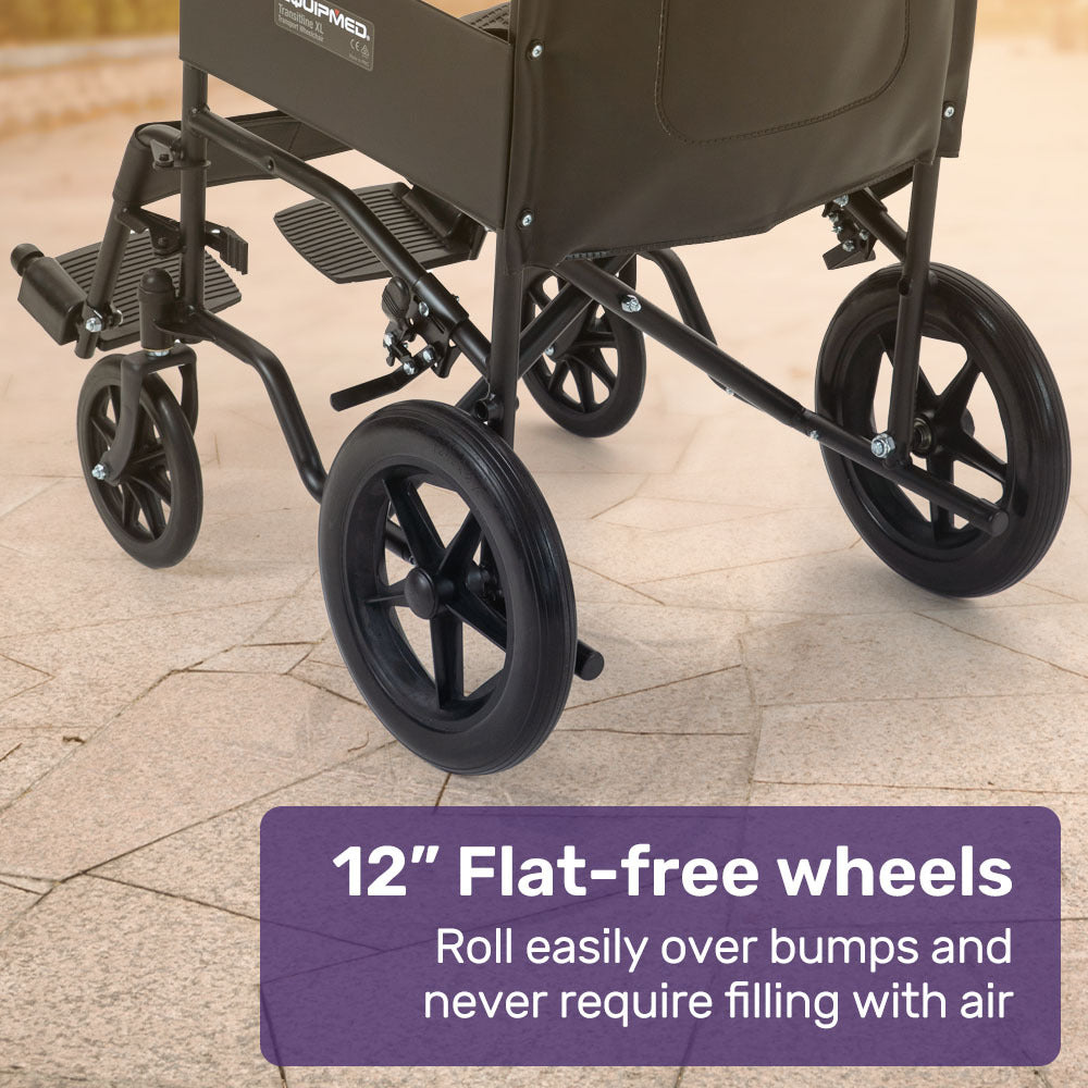 Hlpmedical EQUIPMED folding transit manual wheelchair with steel frame, wide seat, park brakes, suitable for S-XL, 114kg capacity
