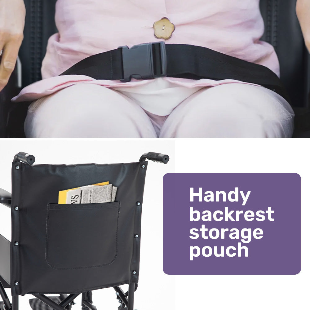 Hlpmedical EQUIPMED folding transit manual wheelchair with steel frame, wide seat, park brakes, suitable for S-XL, 114kg capacity