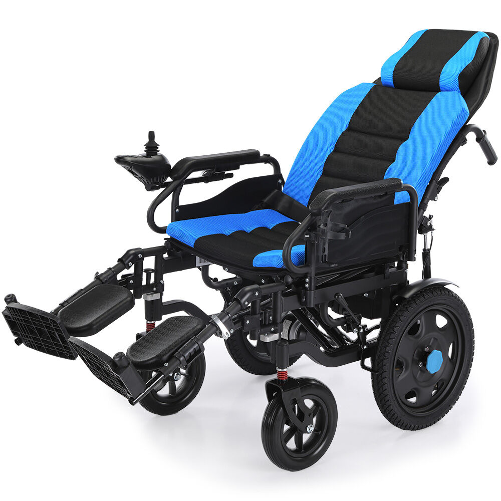 Hlpmedical EQUIPMED Power Electric Wheelchair with wide seat, recline, headrest, lithium battery, 16-inch wheels, and foldable design.