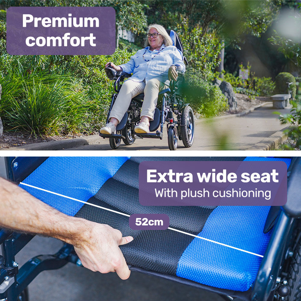 Hlpmedical EQUIPMED Power Electric Wheelchair with wide seat, recline, lithium battery, 16-inch wheels, headrest, and folding design.