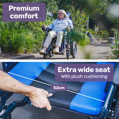 Hlpmedical EQUIPMED Power Electric Wheelchair with wide seat, recline, lithium battery, 16-inch wheels, headrest, and folding design.