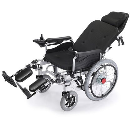 Hlpmedical EQUIPMED Power Electric Wheelchair with black seat, 22-inch wheels, headrest, lithium battery, and recline feature.