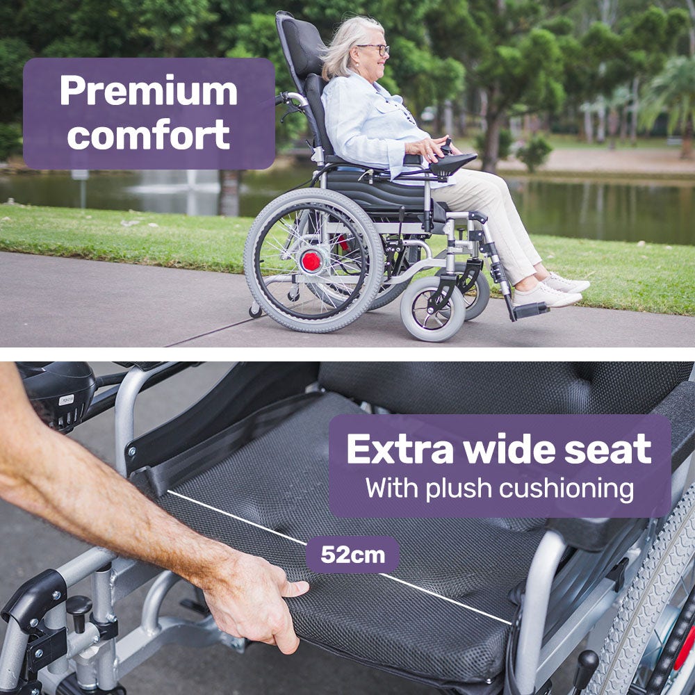 Hlpmedical EQUIPMED Power Electric Wheelchair with black seat, 22-inch wheels, headrest, reclining feature, lithium battery, airline approved