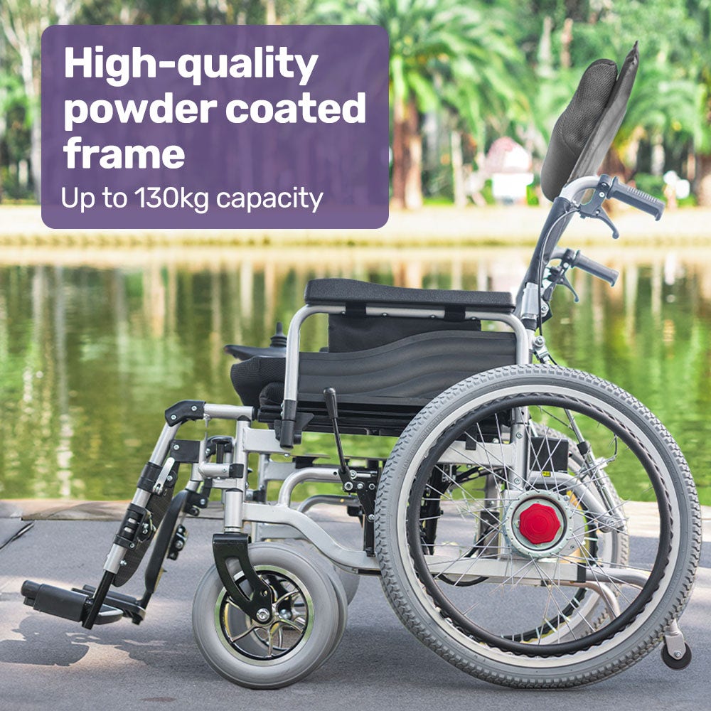Hlpmedical EQUIPMED Power Electric Wheelchair with 22-inch wheels, black bariatric seat, headrest, lithium battery, recline, airline approved