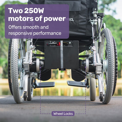 Hlpmedical EQUIPMED Power Electric Wheelchair with black seat, 22" wheels, headrest, lithium battery, recline, XL bariatric design