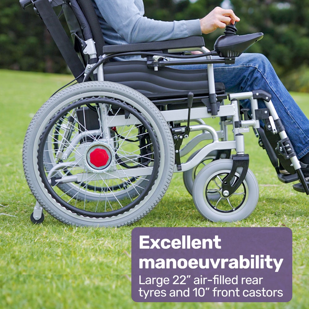 Hlpmedical EQUIPMED Power Electric Wheelchair with black wide seat, 22" wheels, headrest, lithium battery, recline feature, airline approved
