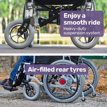 Hlpmedical EQUIPMED Power Electric Wheelchair with 22-inch wheels, black frame, headrest, recline feature, lithium battery, wide seat