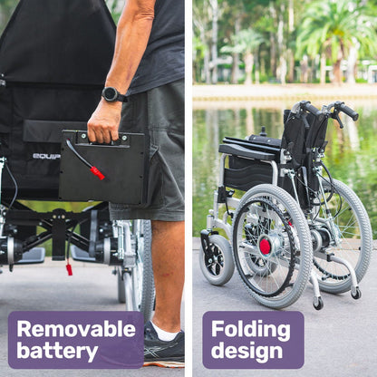 Hlpmedical EQUIPMED Power Electric Wheelchair with black seat, 22" wheels, headrest, recline, lithium battery, airline approved.