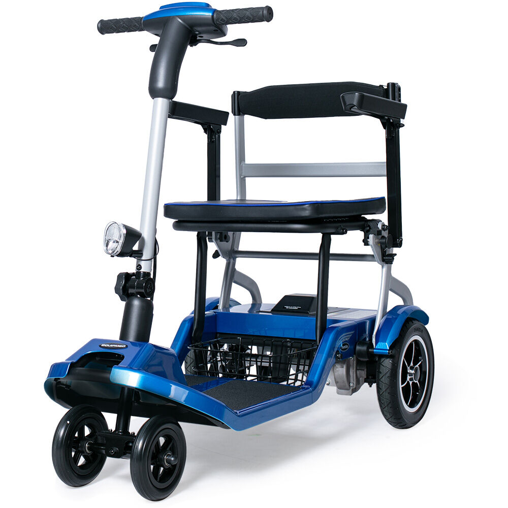 Blue Hlpmedical ultra-lightweight folding electric mobility scooter with battery removed, portable design, long range, and 120kg capacity.
