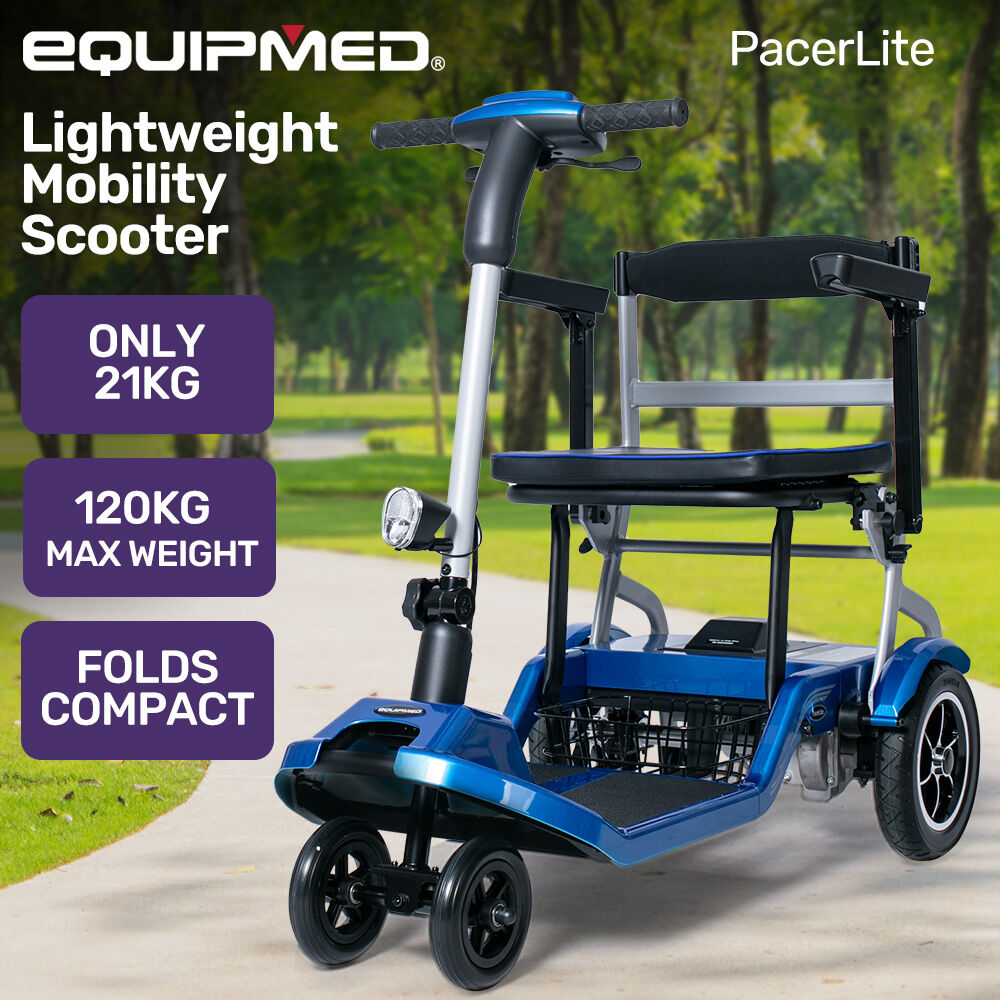 Hlpmedical ultra-lightweight folding electric mobility scooter in blue, compact design with removable battery and long-range brushless motor