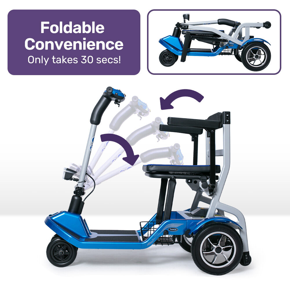 Blue EQUIPMED lightweight folding electric mobility scooter by Hlpmedical with removable battery, long range, 120kg capacity, portable design.