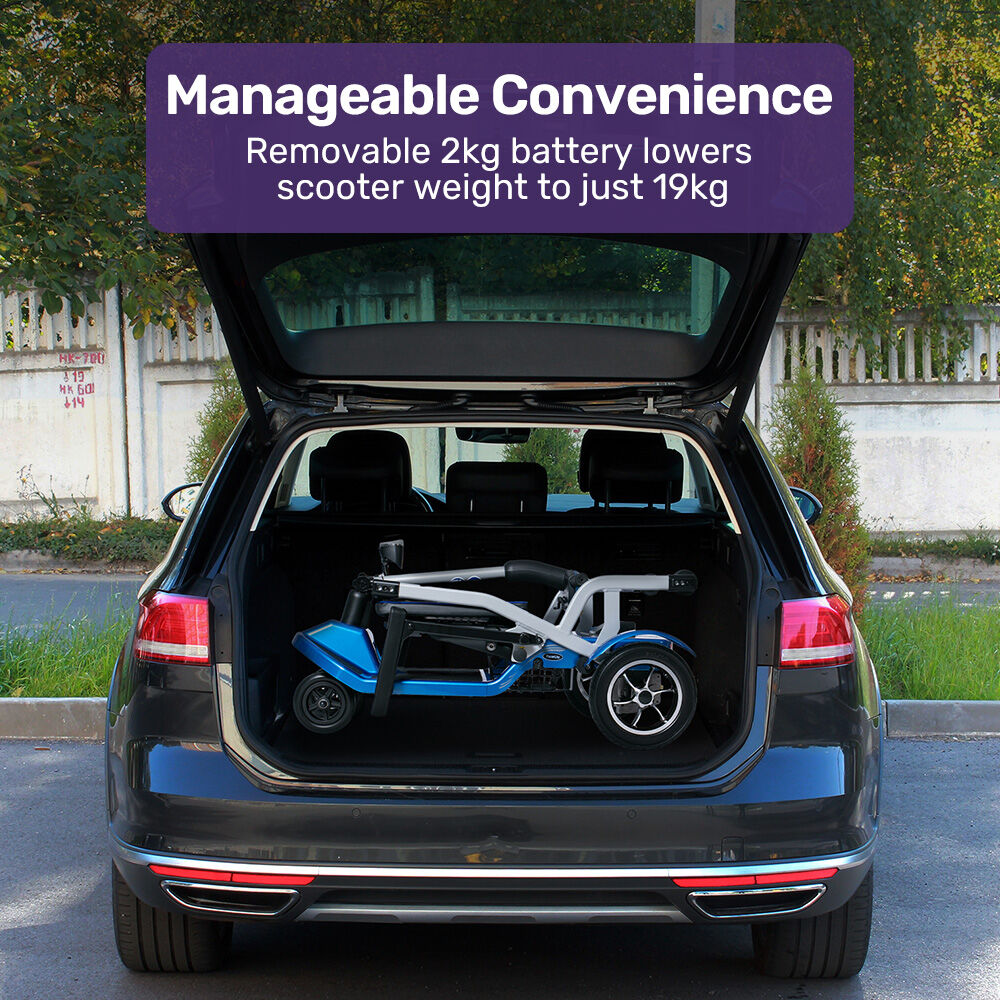Blue EQUIPMED lightweight folding electric mobility scooter with removable battery, long range, brushless motor, portable design.