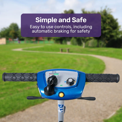 Blue EQUIPMED lightweight folding electric mobility scooter by Hlpmedical, with battery removed, long range, and 120kg capacity.