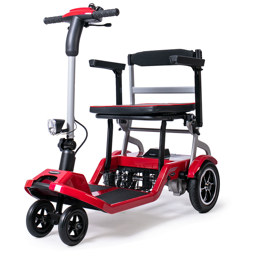 Red EQUIPMED lightweight folding electric mobility scooter with brushless motor, 120kg capacity, portable design, battery removed.