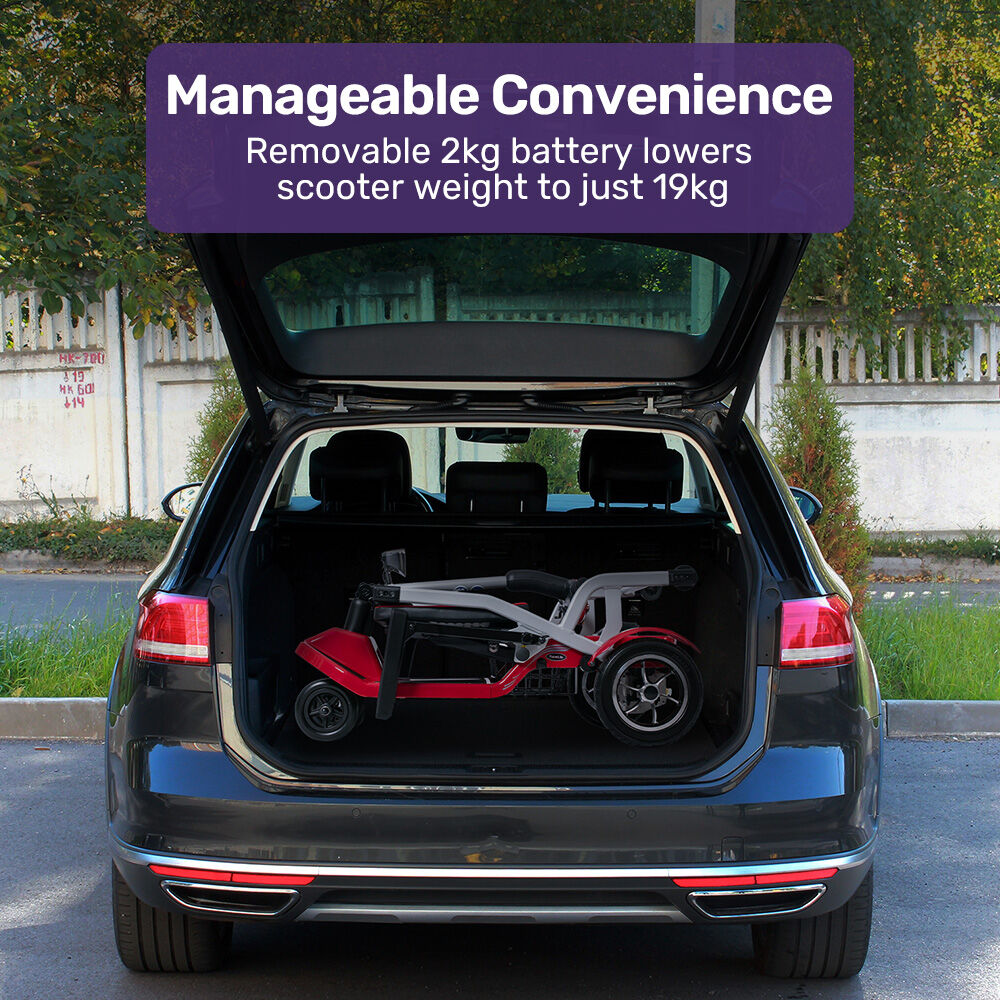 Red EQUIPMED lightweight folding electric mobility scooter with battery removed, long-range brushless motor, portable design, supports 120kg.