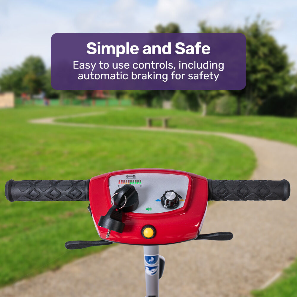 Red EQUIPMED lightweight folding electric mobility scooter with brushless motor, 19kg, portable design, and 120kg capacity.