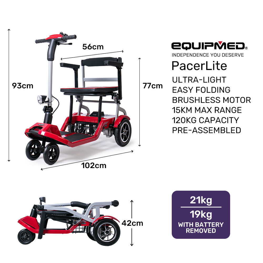 Red EQUIPMED lightweight folding electric mobility scooter with brushless motor, removable battery, long range, and 120kg capacity.