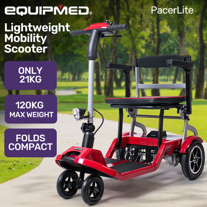 Red EQUIPMED lightweight folding electric mobility scooter with brushless motor, portable design, and 120kg capacity.
