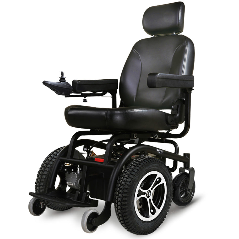 Hlpmedical EQUIPMED electric wheelchair with front wheel drive, comfortable seat, safety features, and up to 35km range.