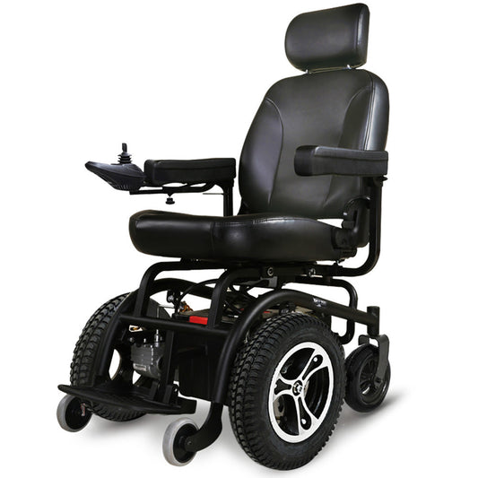 Hlpmedical EQUIPMED electric wheelchair with front wheel drive, comfortable seat, safety features, and up to 35km range.