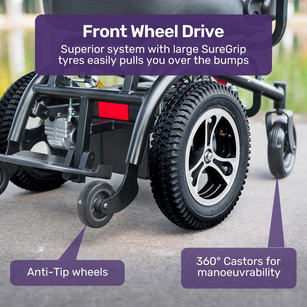 Hlpmedical electric wheelchair with front wheel drive, comfortable seat, stable design, non-slip tires, and safety features.