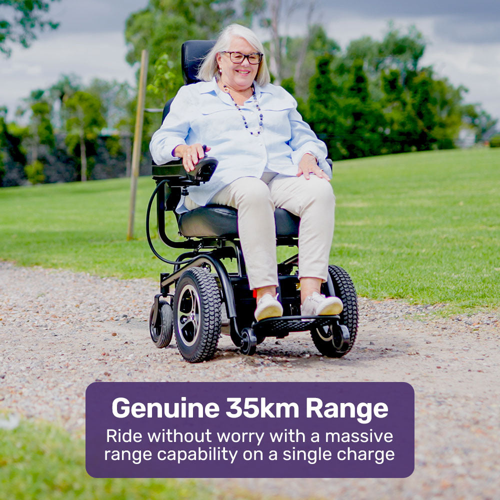 Hlpmedical EQUIPMED electric wheelchair with front wheel drive, comfortable seat, anti-slip wheels, and safety features.