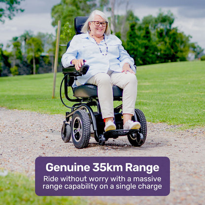 Hlpmedical EQUIPMED electric wheelchair with front wheel drive, comfortable seat, anti-slip wheels, and safety features.