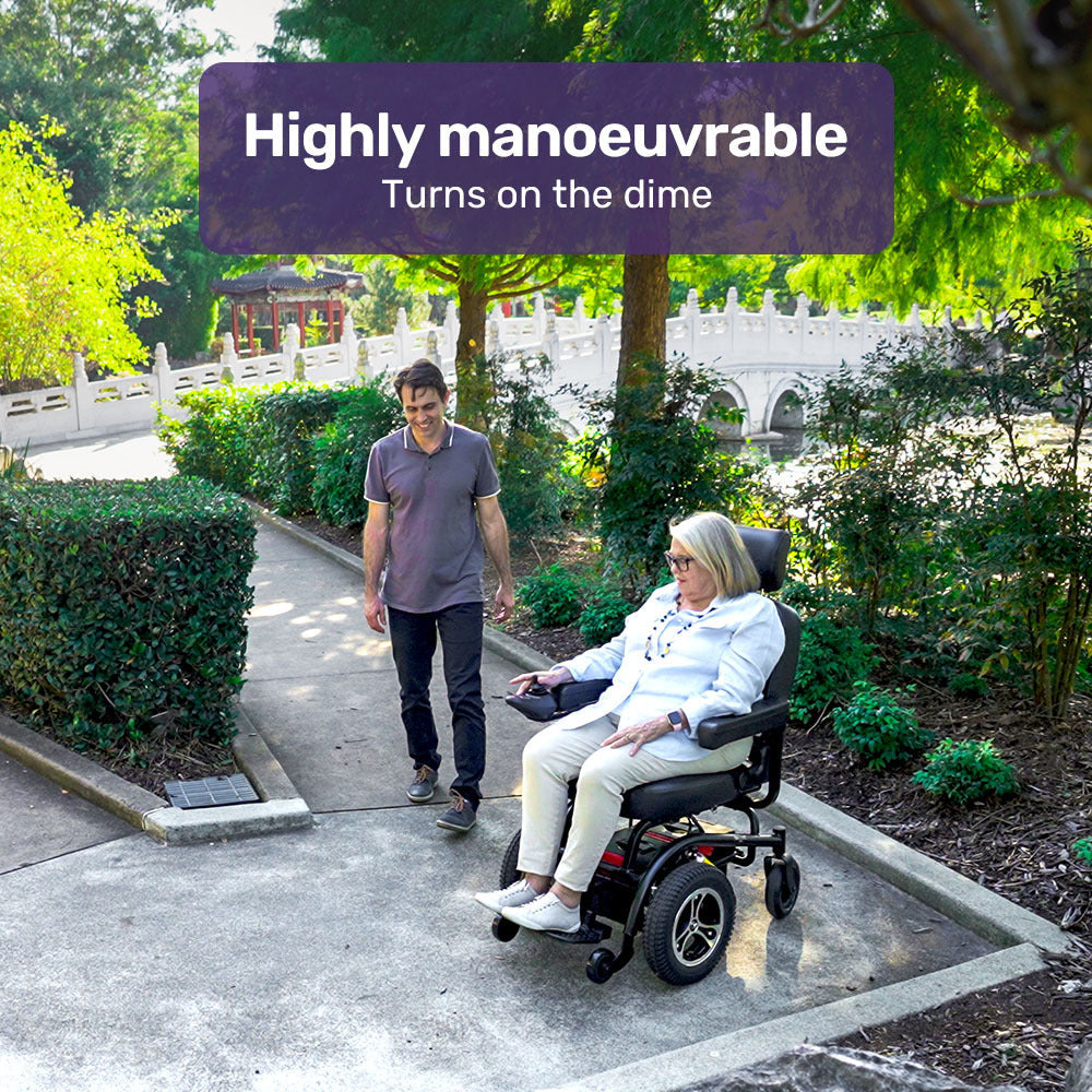 Hlpmedical EQUIPMED electric wheelchair with front wheel drive, comfortable seat, safety features, and black frame in a well-lit setting.