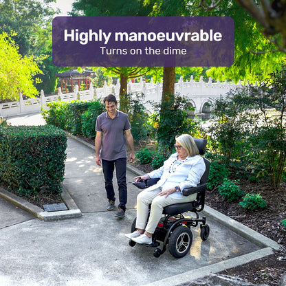 Hlpmedical EQUIPMED electric wheelchair with front wheel drive, comfortable seat, safety features, and black frame in a well-lit setting.