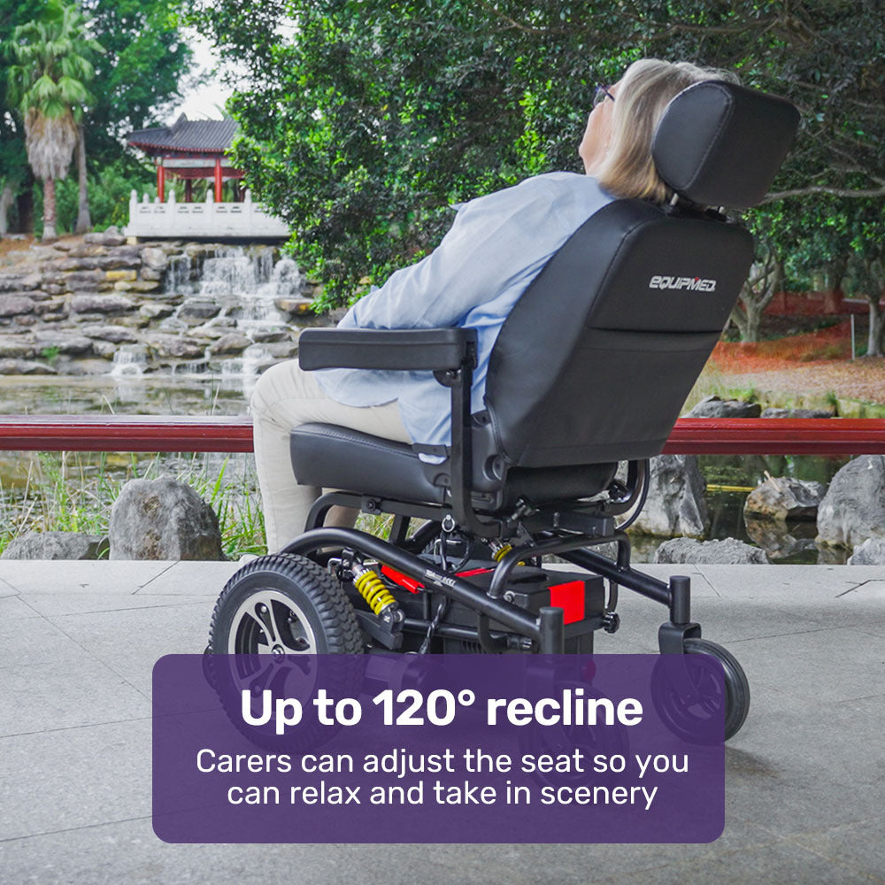 Hlpmedical EQUIPMED electric wheelchair with front-wheel drive, ultra-comfortable seat, and non-slip wheels for safe mobility.