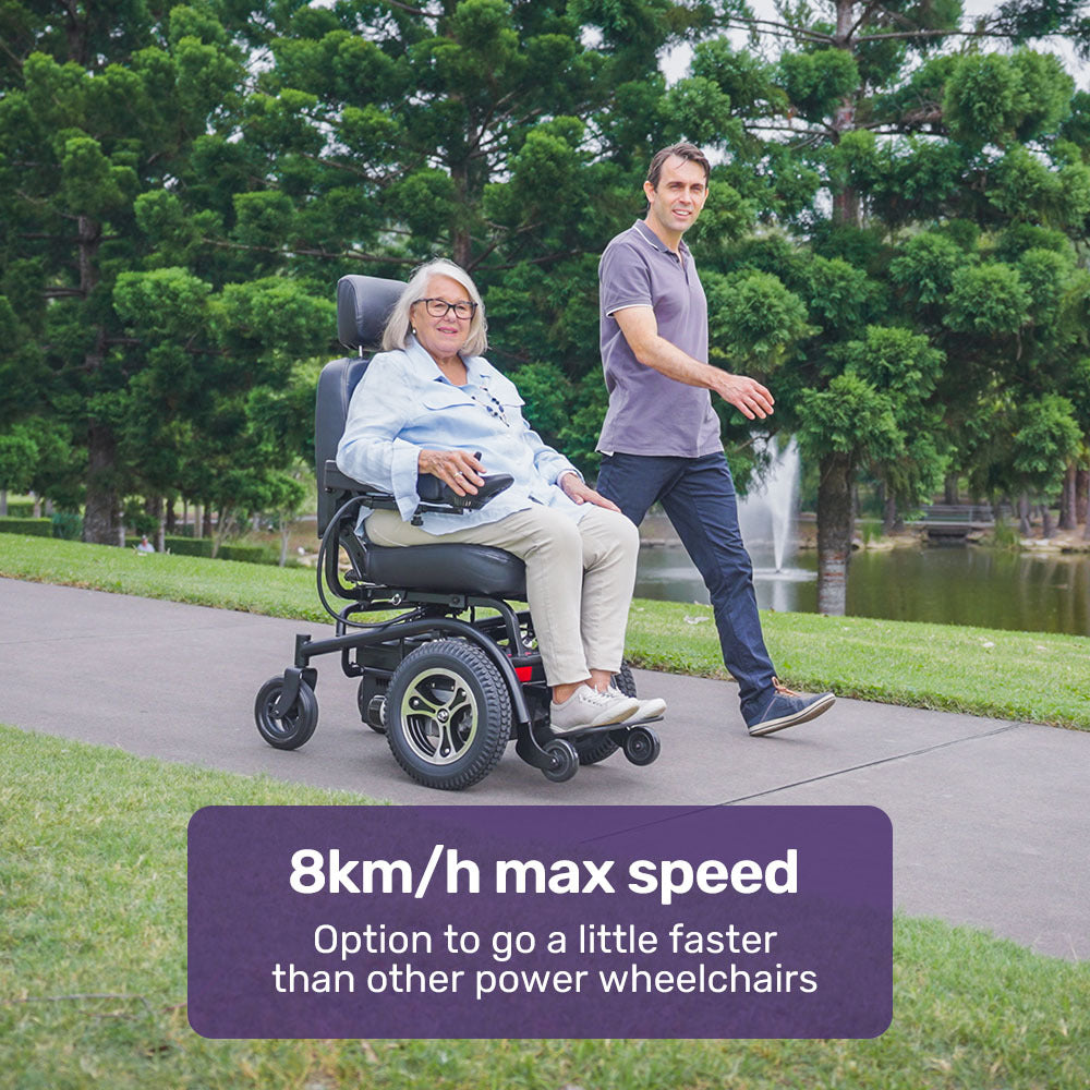 Hlpmedical EQUIPMED electric wheelchair with front wheel drive, ultra-comfortable, non-slip tires, and safety features for mobility assistance.