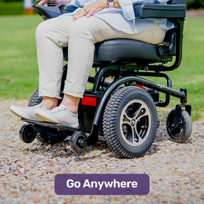 Hlpmedical EQUIPMED electric wheelchair with front wheel drive, comfortable seat, safety features, and up to 35km range.