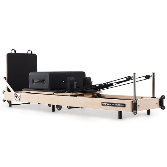 Hlpmedical PROFLEX wooden Pilates Reformer machine with stretch bed, box, and jump board accessories for yoga and Pilates workouts.