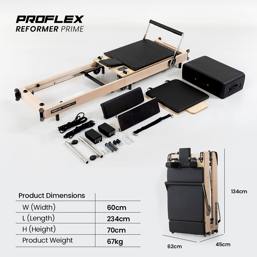 Hlpmedical PROFLEX wooden Pilates Reformer machine with stretch bed, box, and jump board accessories for yoga and fitness exercises.