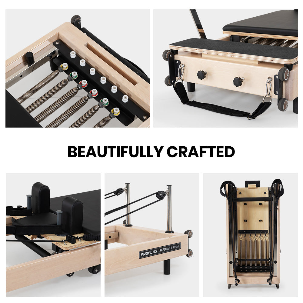 Hlpmedical PROFLEX wooden Pilates Reformer machine with stretch bed, box, and jump board accessories for yoga and fitness exercises.