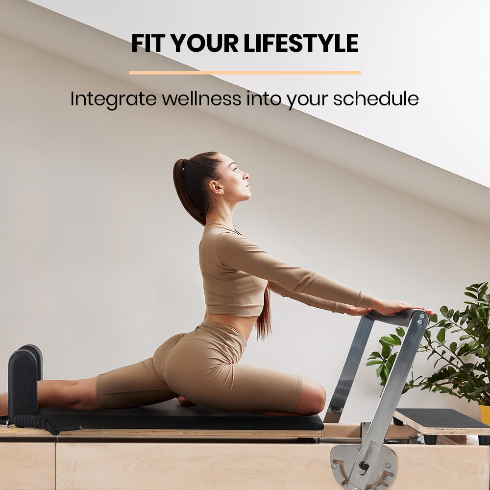 Hlpmedical Proflex wooden Pilates reformer machine with stretch bed, box, and jump board accessories for yoga and fitness exercises.