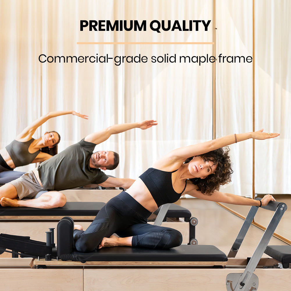 Hlpmedical PROFLEX Wooden Pilates Reformer machine with stretch bed, box, and jump board accessories for yoga and Pilates exercise.