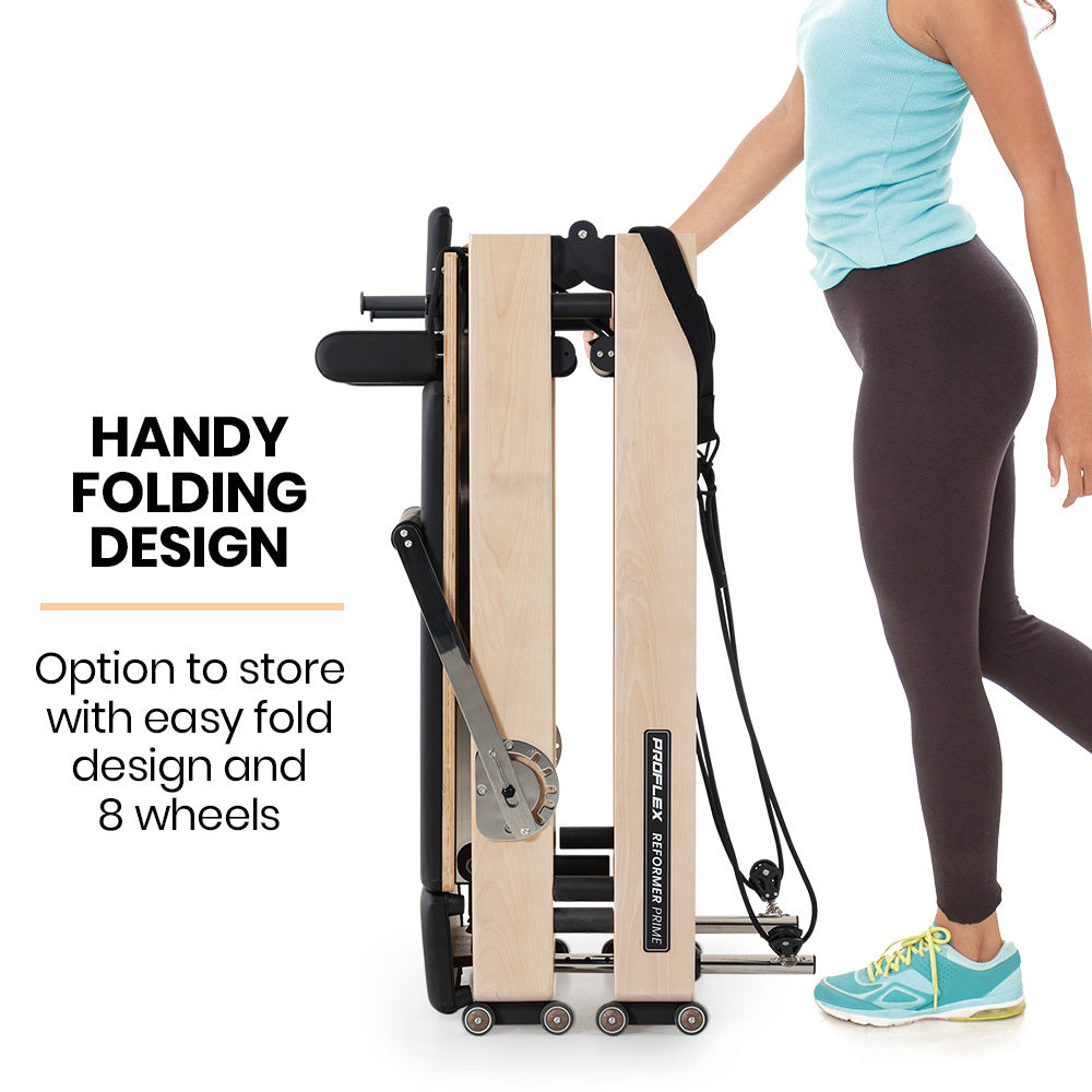 Hlpmedical PROFLEX wooden Pilates Reformer machine with stretch bed, box, and jump board accessories for yoga and fitness workouts.