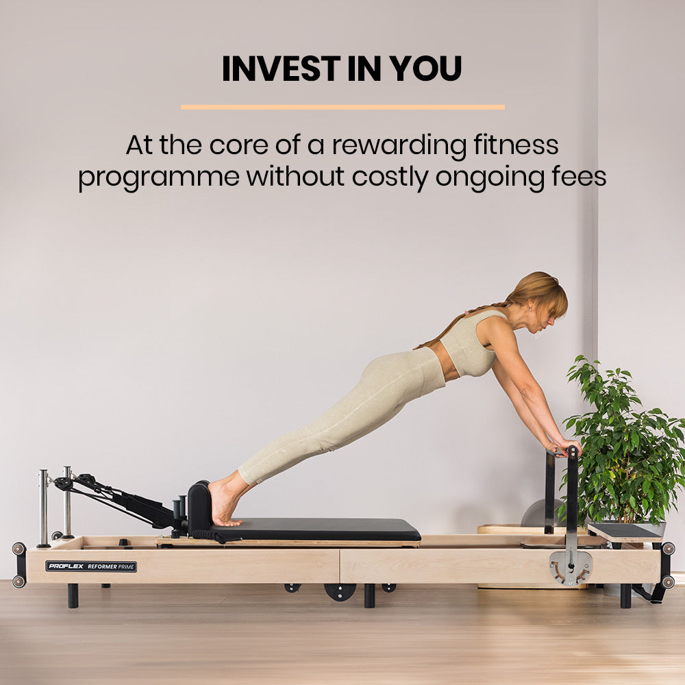 Hlpmedical PROFLEX wooden Pilates Reformer machine with stretch bed, box, and jump board accessories for yoga and Pilates workouts.