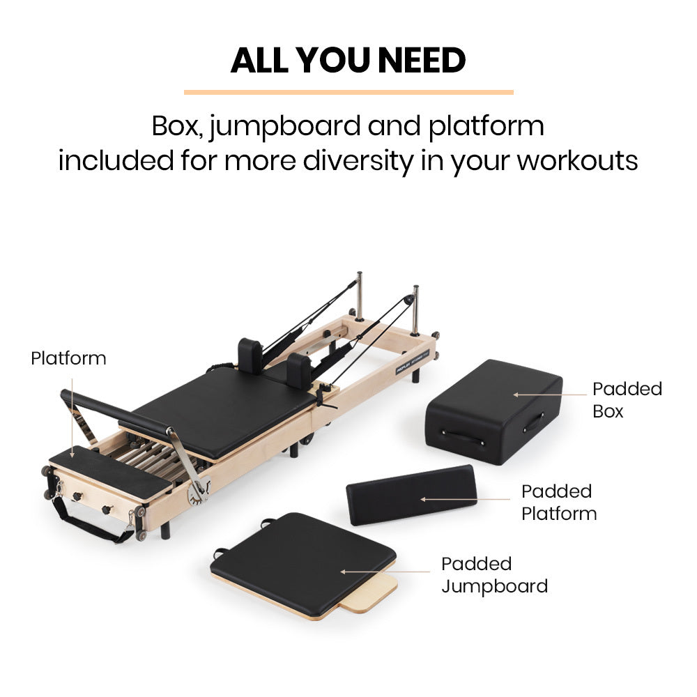 Hlpmedical PROFLEX wooden Pilates reformer machine with stretch bed, box, and jump board accessories for yoga and Pilates workouts.