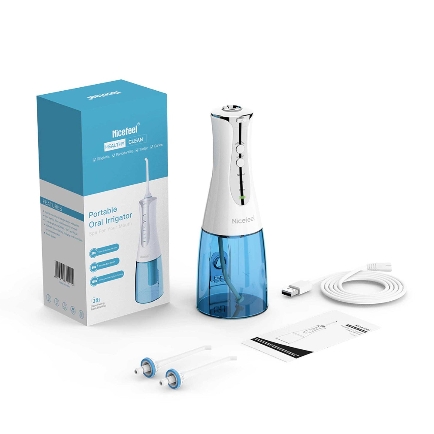 Portable cordless oral teeth irrigator by Hlpmedical with 320ml water tank for dental massage and flossing, rechargeable and easy to use.