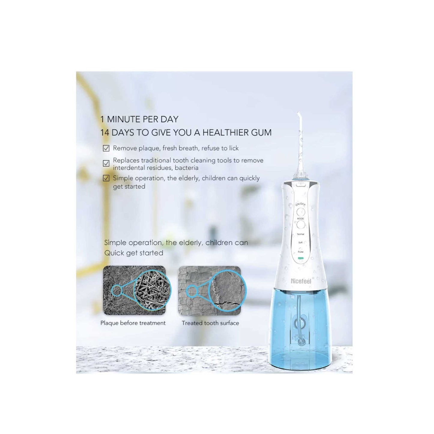 Hlpmedical portable cordless oral teeth irrigator with 320ml water tank, rechargeable dental flosser, and massage features for oral hygiene