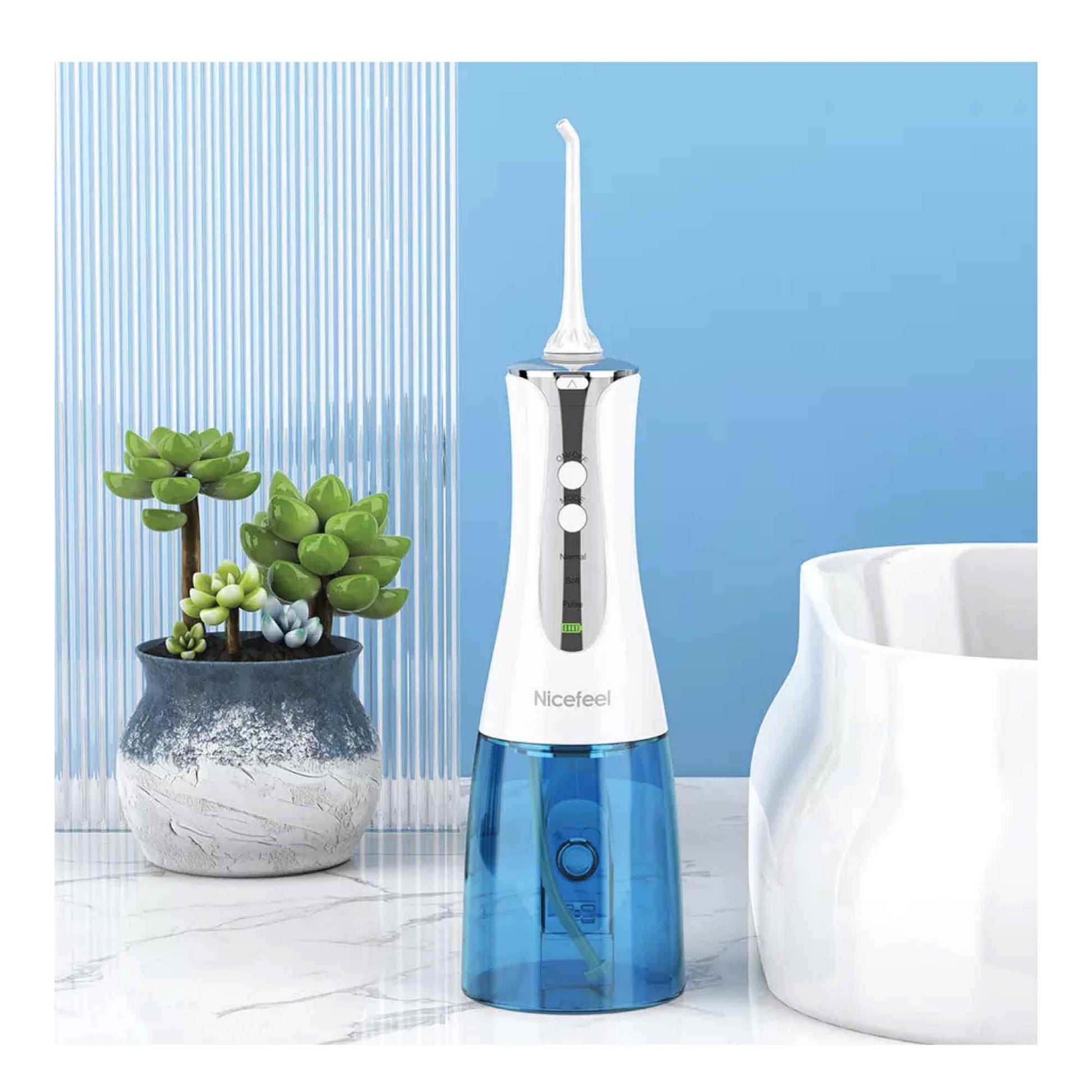Portable cordless oral teeth irrigator by Hlpmedical with 320ml water tank, rechargeable dental flosser for oral hygiene and massage.