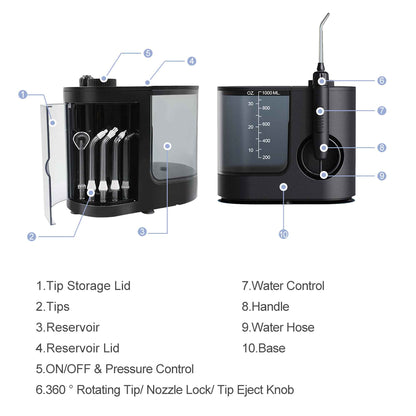 Hlpmedical Orku 1000ml electric water flosser in black with adjustable pressure for effective oral hygiene and dental care.