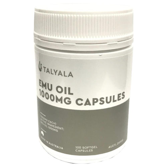 Pure Emu Oil capsules by Hlpmedical, 100 x 1000mg, for skin, hair, pain, eczema, and arthritis relief in a bottle.