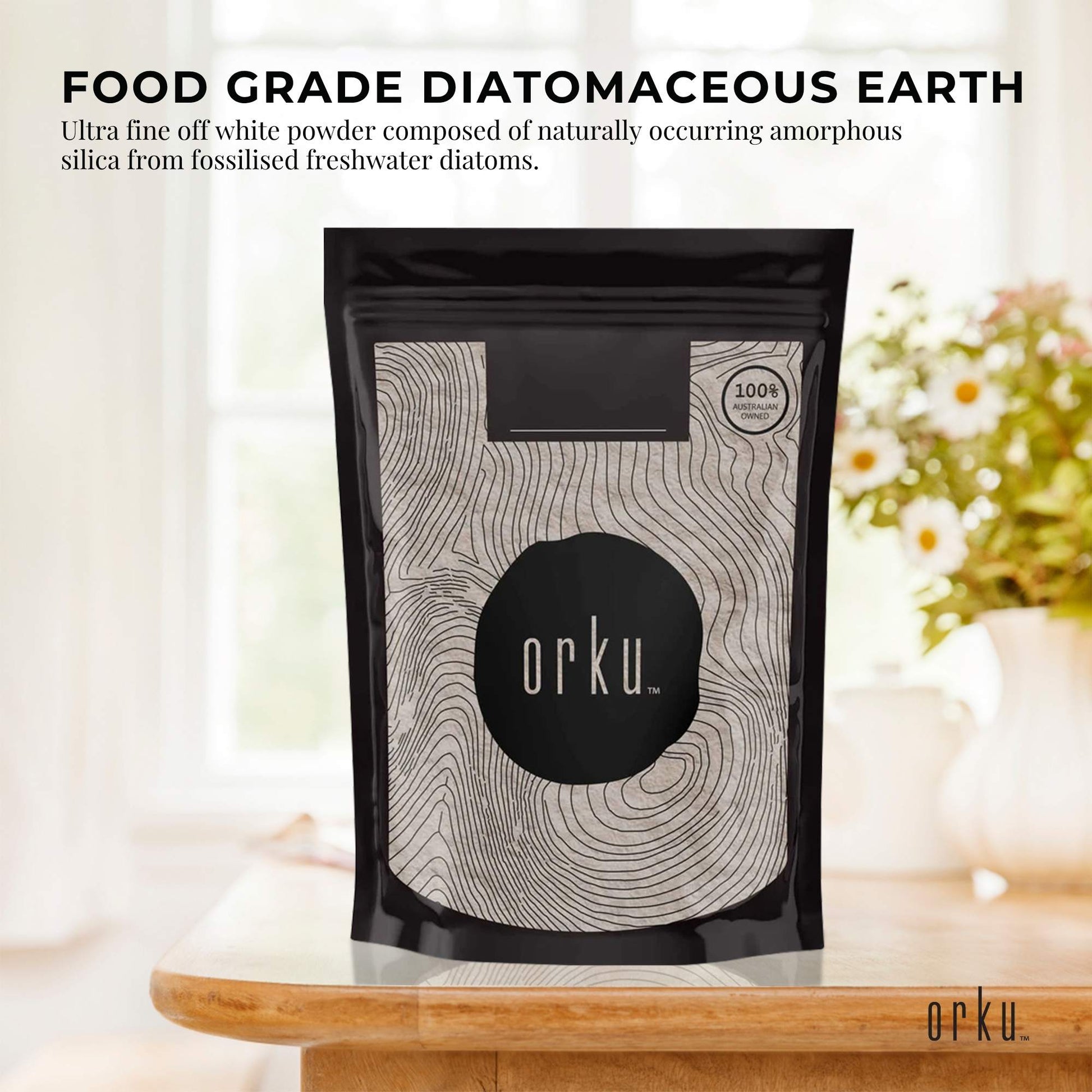 Hlpmedical Orku 50g fine diatomaceous earth food grade powder, fossil shell flour for health and nutritional supplements.