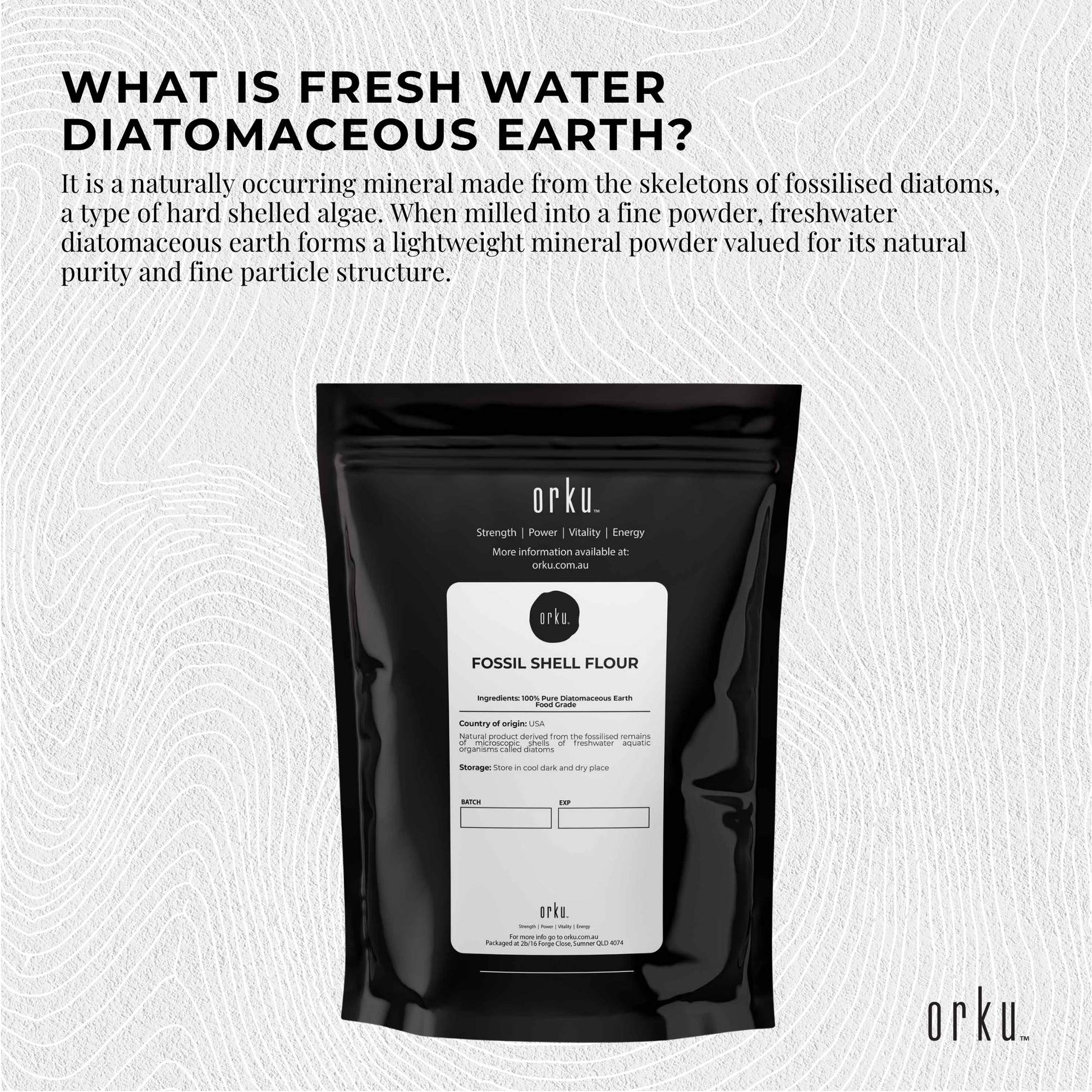 Hlpmedical Orku 50g fine diatomaceous earth food grade FCC fossil shell flour powder, natural supplement for health and wellness.