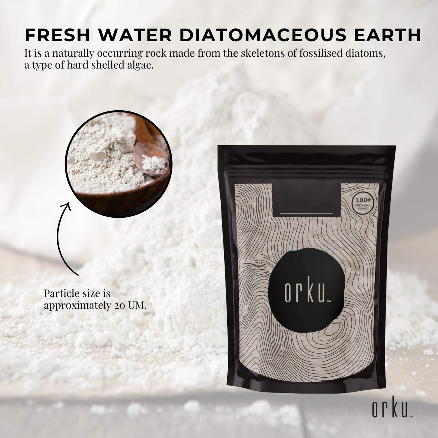 Hlpmedical Orku 50g food grade diatomaceous earth powder in a clear container, suitable for health and supplement use.
