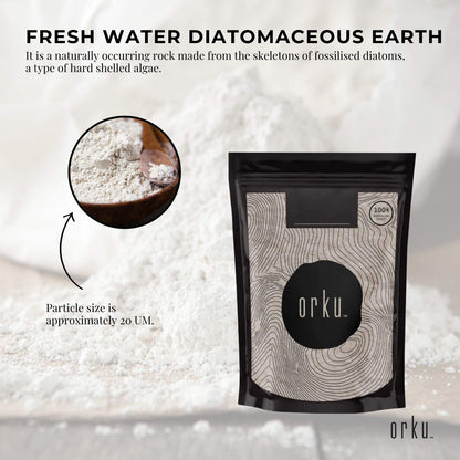 Hlpmedical Orku 50g food grade diatomaceous earth powder in a clear container, suitable for health and supplement use.